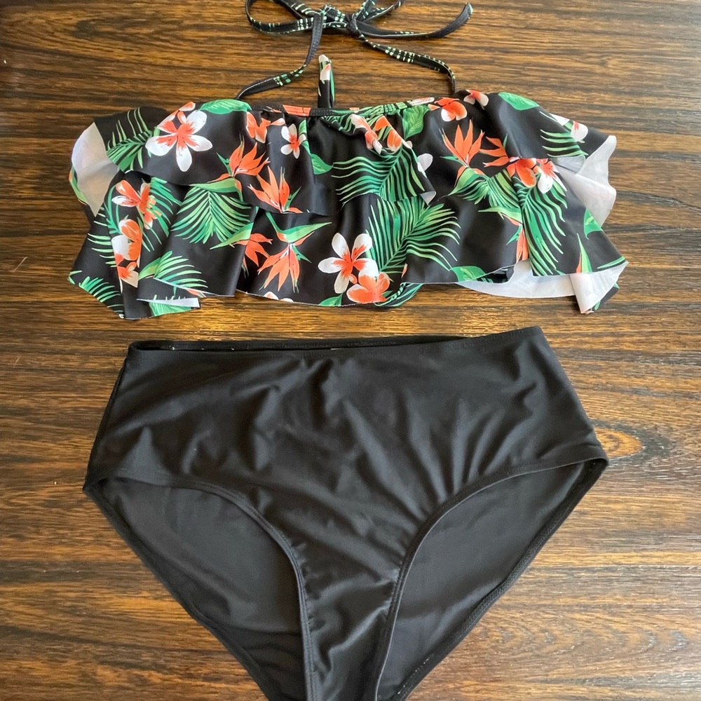 Black & Orange Floral Ruffle Bikini